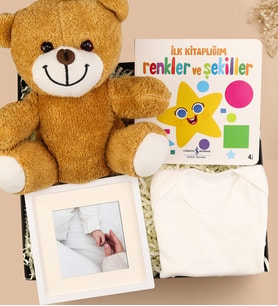 Renkler ve Şekiller Kitabı & Zıbın & Çerçeve & Ayıcık Yenidoğan Hediye Seti