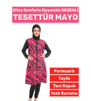 Premium Yüksek Kalite Konforlu Fermuarlı Tam Kapalı Yüzücü Deniz Havuz Taytlı Desenli TESETTÜR MAYO (Pembe)