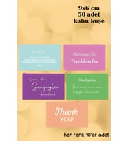 5 Renkli Lux Kuşe Teşekkür Kartı - Tebrik Kartı - Paketleme Kartı 50 Adet -