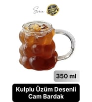 Özel Tasarım Borosilikat Cam Kulplu Üzüm Bardak Boncuk Şekilli Kahve Sunum Kupası Isıya Dayanıklı