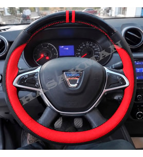 Dacia Logan Dikme Direksiyon Kılıfı Parlak Siyah Kırmızı Detaylı Kırmızı Çift Yüzük ve Dikiş 2017-2020