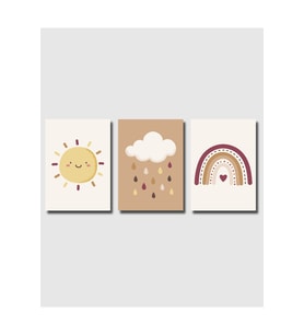 Çerçevesiz Poster  Çocuk Odası 3'lü Poster Seti,Çocuk Odası Duvar Dekoru, Güneş,Gökkuşağı,Bulut