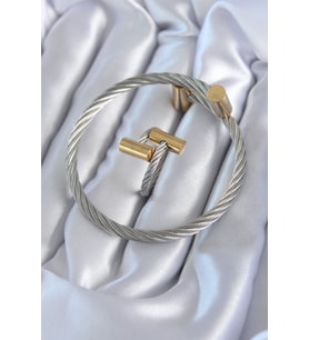 316L Çelik Gümüş Renk Gold Detay Sarmal Model Erkek Bileklik Yüzük Kombini - TJ-EB3603