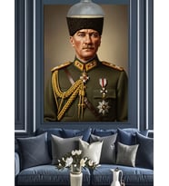 Askeri üniformalı Atatürk Dekoratif Kanvas - Mdf Ahşap Tablo