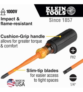 Klein Tools 33732Ins 1000V İnce Uçlu Yalıtımlı Tornavida Seti, 2 Yıldız Ve 6,3 Mm Dolap Ucu, Dolgulu