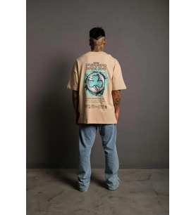 Erkek Kısa Kol Yazlık Tişört Bisiklet Yaka Baskılı Oversize T-Shirt - Bej