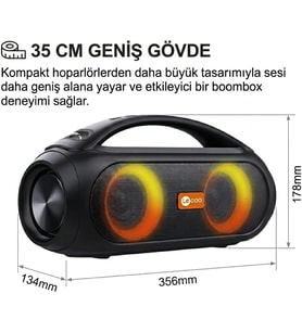 Lexroo DS152 35 cm Büyük Boy Boombox Bluetooth Hoparlör 36W, Çift 3” Subwoofer, RGB Aydınlatma