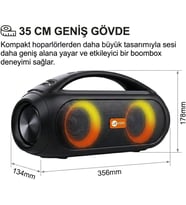 Lexroo DS152 35 cm Büyük Boy Boombox Bluetooth Hoparlör 36W, Çift 3” Subwoofer, RGB Aydınlatma