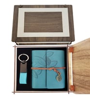 pilelistore Özel Ahşap Kutulu Mavi Deri Defter ve Anahtarlık Set