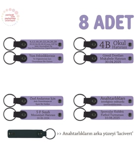 Özel Kutlamalarınız İçin Sevdiklerinize Hediyelik 8'li Set, İsim Yazılı Deri Anahtarlık, Mor & Laci (Lila - Mor)