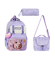 İlkokul Kız Çocuk Çantası 3'lü Set Labubu Benzeri 40*30 Cm Beslenme Çantası Kalem Kutusu Ortopedik