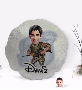 BK Gift Kişiye Özel İsimli Asker Karikatürlü Yuvarlak Dekoratif Kırlent Yastık-1