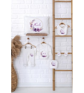 Pia Baby Premium %100 Pamuk İsme Özel Kız Bebek Hediye Seti Zıbın Yastık Kılıfı 5069-06 (Ekru)