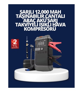 12000 mAh 4’ü 1 Arada Araç Akü Takviye Cihazı – Hava Kompresörü, Powerbank ve LED Aydınlatma