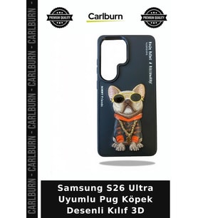 Samsung S26 Ultra Uyumlu Pug Köpek Desenli Kılıf 3D Zincirli Arka Aksesuar