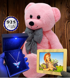 Size Özel Premium Set Büyük Boy Pembe Peluş Ayıcık ve Gerçek 925 Ayar Gümüş Kolye (Model 7)