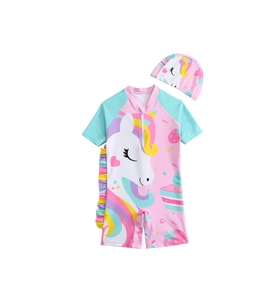 Unicorn Şeker Pembe Mint Kollu Pembe Upf50+ Kısa Kollu Şapkalı Kız Çocuk Mayo Set