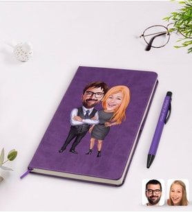 BK Gift Kişiye Özel Sevgililer Karikatürlü Mor Termo Deri Defter Kalem Seti Model 100
