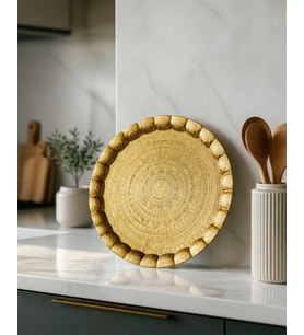 Gold Renk Motifli Sac Metal Yuvarlak Lüks Servis-Tepsisi – 35 cm