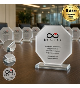 Logonuza Özel 5 Adet 14 x 14 cm Mesajlı Sekizgen Şeffaf Kristal Cam Plaket Seti