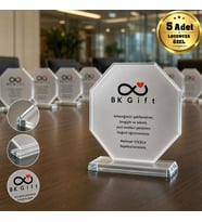 Logonuza Özel 5 Adet 14 x 14 cm Mesajlı Sekizgen Şeffaf Kristal Cam Plaket Seti