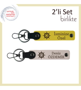 Sevgilinizle Ortak Bir Rotanın Simgesi, Gemi Motifli Deri Anahtarlık Takımı, Sarı-Pudra