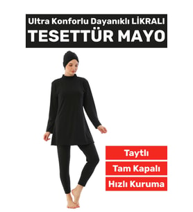 Premium Yüksek Kalite Konforlu Fermuarlı Tam Kapalı Yüzücü Deniz Havuz Taytlı Likralı TESETTÜR MAYO (Siyah)