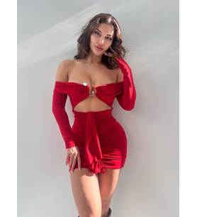 Kırmızı Straplez Tokalı Full Likrali Mini Elbise
