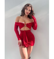 Kırmızı Straplez Tokalı Full Likrali Mini Elbise