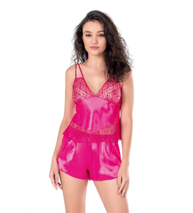 Giyim Fuşya Saten Babydoll Şort Takımı