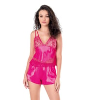 Giyim Fuşya Saten Babydoll Şort Takımı