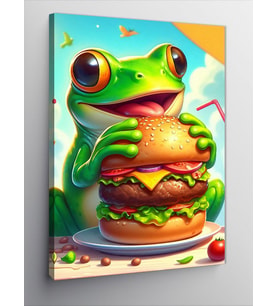 Kanvas Tablo Hamburger Yiyen Kurbağa