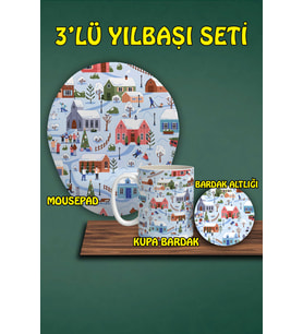 Yılbaşı Temalı 3'lü Bilek Destekli Mousepad Kupa Ve Bardak Altlığı Seti
