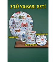 Yılbaşı Temalı 3'lü Bilek Destekli Mousepad Kupa Ve Bardak Altlığı Seti