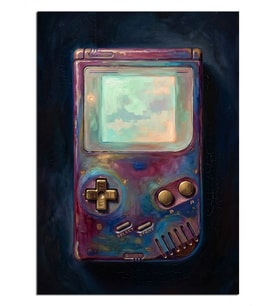 Game Boy ve Renkli Soyut Galaksi Ekranlı Dekoratif Kanvas - Mdf Ahşap Tablo