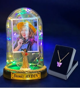 Sizlere Özel Renkli Led Işıklı Fanus ve Kelebek Kolye Hediye Seti (Model 5)
