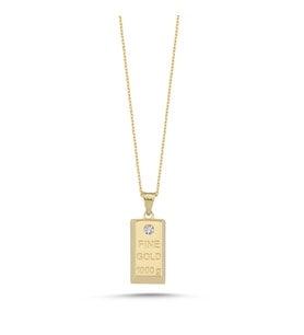 14 Ayar Altın Külçe (Gold Bar) Taşlı Kolye