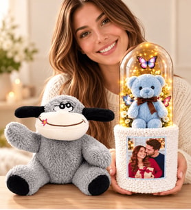 Kişiye Özel Fotoğraflı LED Fanuslu Ayıcık Buketi Peluş Eşek Dekoratif Hediye