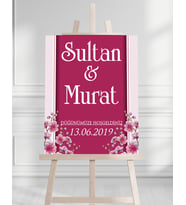 Söz Nişan Düğün İçin 50x70 Karşılama Panosu - Pembe Çiçek Tasarımlı 1