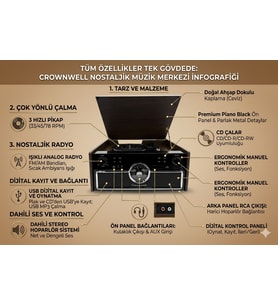 Crownwell Nostaljik Müzik Merkezi – Plakçalar, Radyo, CD ve USB Destekli Retro Tasarım