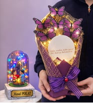 Aynalı Led Işıklı Kelebek Buketi ve Kişiye Özel Renkli Led Işıklı Fanus Seti (Model 1)