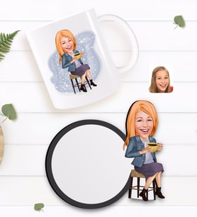 BK Gift Kişiye Özel Kadın Karikatürlü Beyaz Kupa ve Ahşap Bardak Altlığı Hediye Seti-107