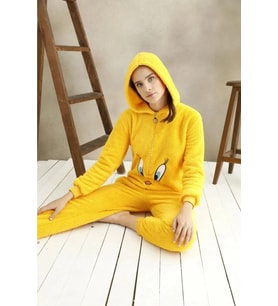 Kadın Sarı Civciv Desenli Polar Peluş Kışlık Kapüşonlu Tulum Pijama Takımı