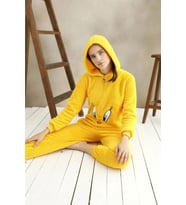 Kadın Sarı Civciv Desenli Polar Peluş Kışlık Kapüşonlu Tulum Pijama Takımı
