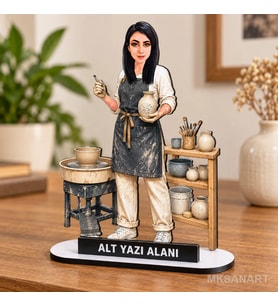 Kişiye Özel Kadın Seramik Ustası Karikatürlü 18 cm MDF Masaüstü Biblo - Kadın Seramik Ustası Hediyesi Yeni İş ve Meslek Hediyesi