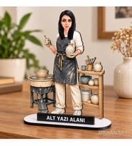 Kişiye Özel Kadın Seramik Ustası Karikatürlü 18 cm MDF Masaüstü Biblo - Kadın Seramik Ustası Hediyesi Yeni İş ve Meslek Hediyesi