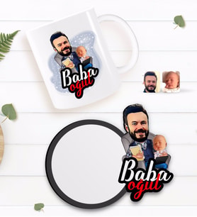 BK Gift Kişiye Özel Baba Oğul Karikatürlü Beyaz Kupa ve Ahşap Bardak Altlığı Hediye Seti-4