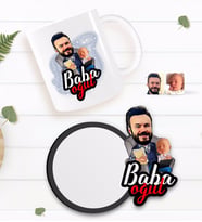 BK Gift Kişiye Özel Baba Oğul Karikatürlü Beyaz Kupa ve Ahşap Bardak Altlığı Hediye Seti-4