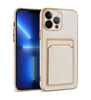 iPhone 12 Pro Kılıf Kartlıklı Kamera Korumalı Altın Kenar Tasarım Silikon (Beyaz)
