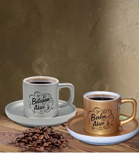 BK Gift Kişiye Özel Harfli İsimli Mat Gümüş Yaldız ve Mat Altın Yaldız Renkli İkili Türk Kahvesi Fincan Seti-3, Ev Hediyesi, Arkadaşa Hediye, Doğum Günü Hediyesi